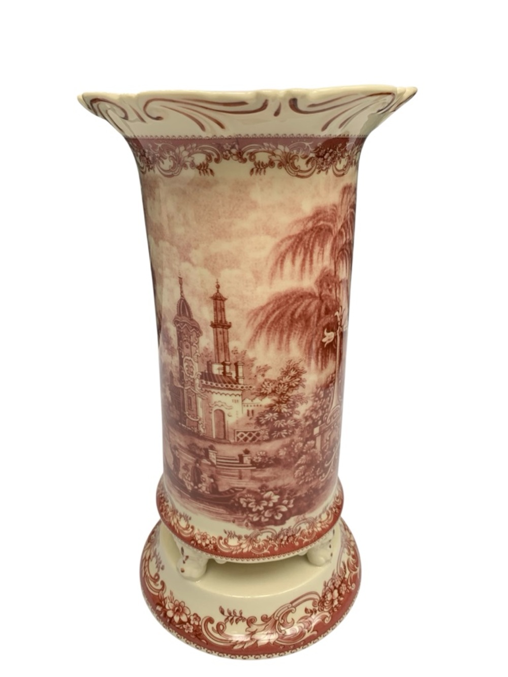 Burton + Burton Vase Home Decor Red Toile Footed Scalloped Ceramic Floral 10in
